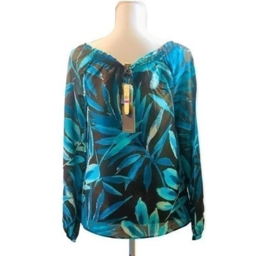 Tommy Bahama Silk Cotton Off Shoulder Blouse XXS Blue Brown Plants Top $138 NWT - Picture 8 of 11